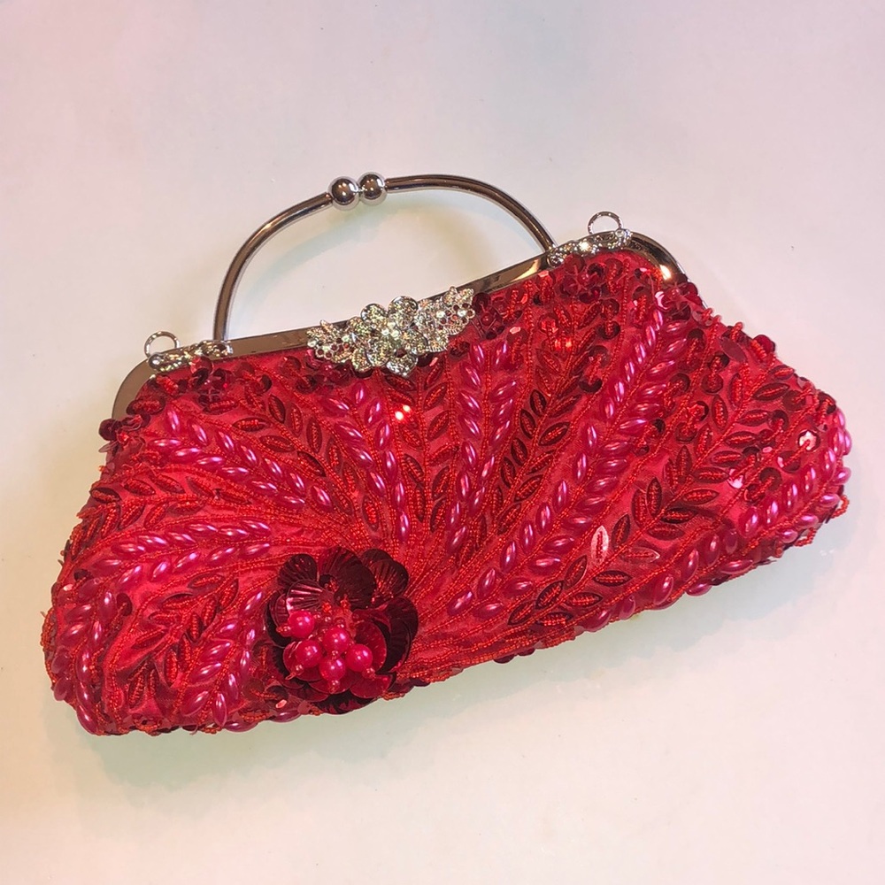 Red Beaded Floral Evening Clutch Shoulder Bag Crossbody Handbag